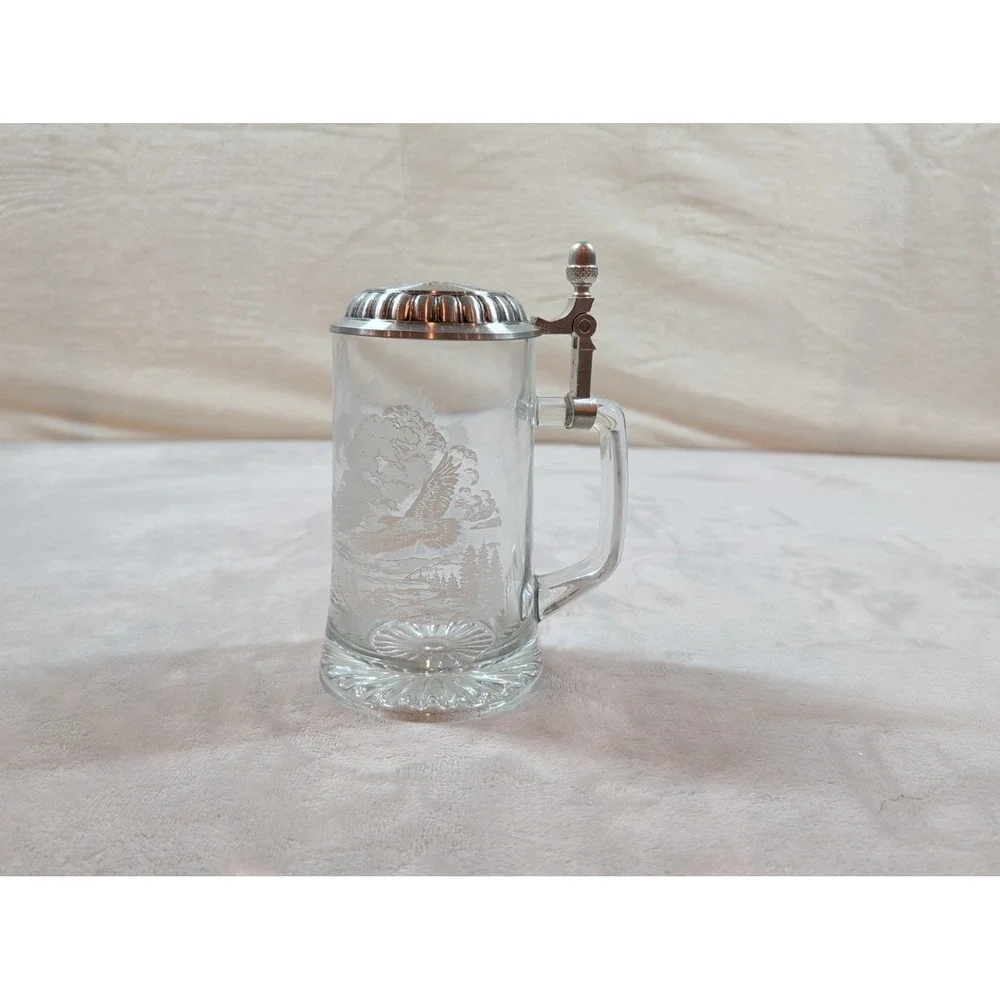 Vintage Etched Glass Beer‎ Stein with Metal Lid Eagle Wildlife Mountain Design